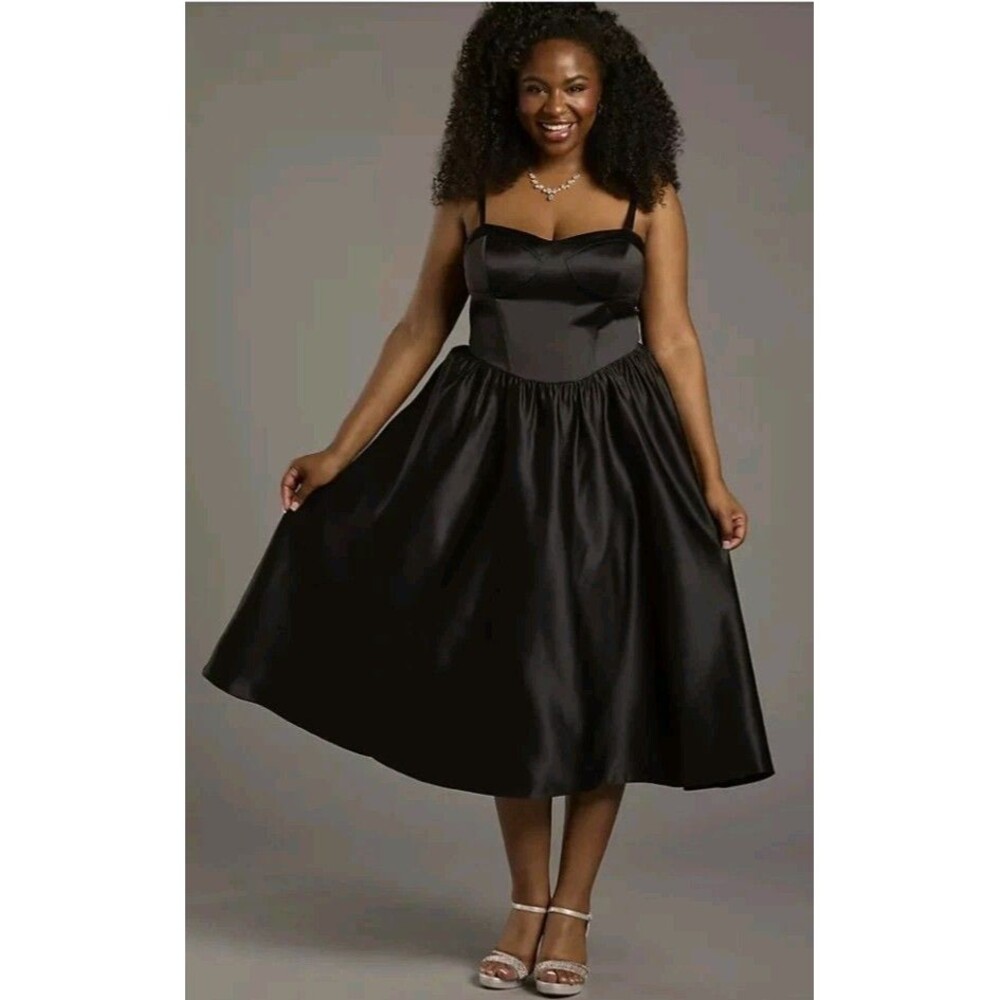 A-Line Corset Dress Full Skirt Black Satin Adjustable Straps Size 20 Whimsigoth